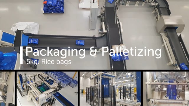 SYMACH complete lijn Verpakken & Palletiseren rijst 5kg zakken